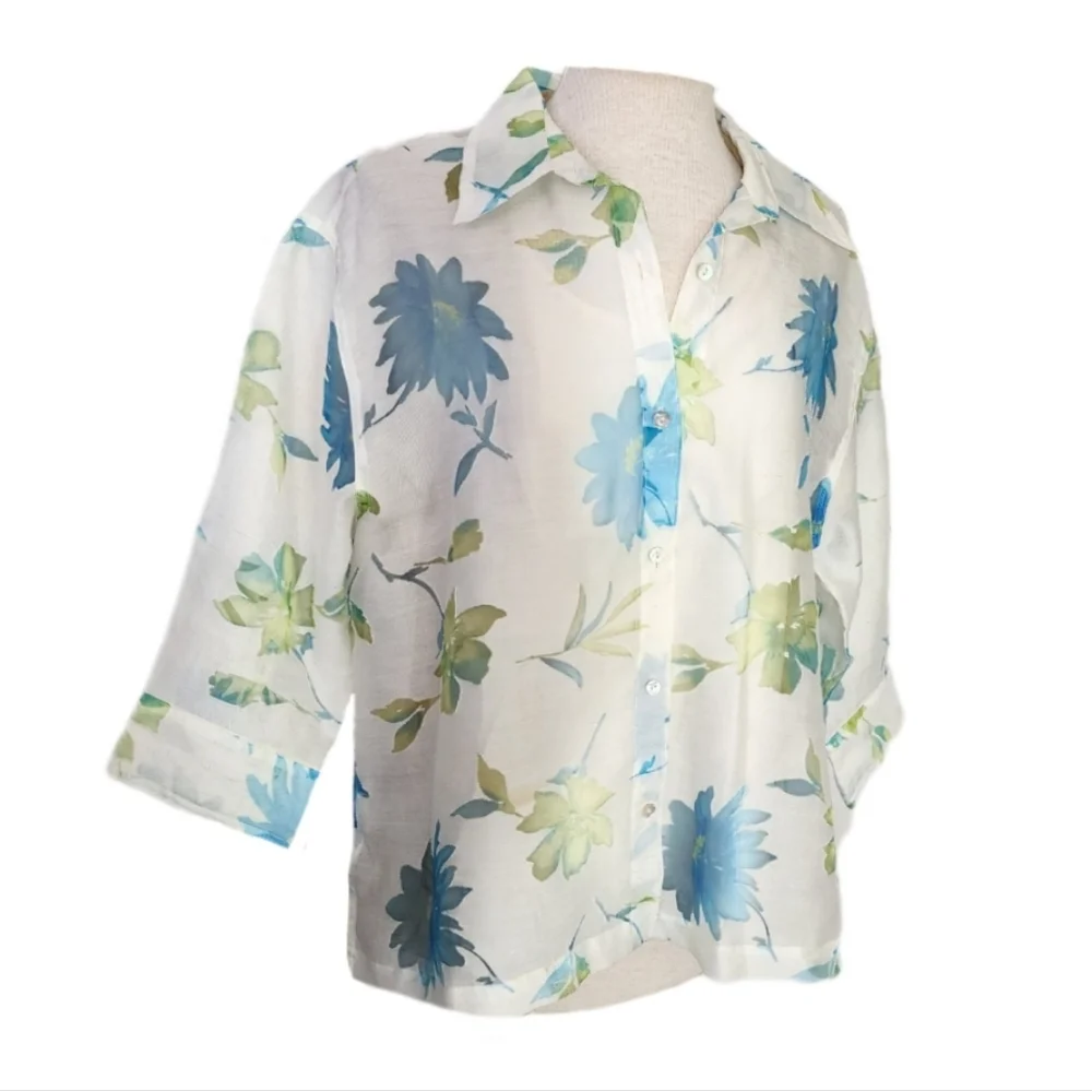 Notations Blouse Y2K Sheer Floral Button Down Blouse White Size XL - Picture 7 of 16